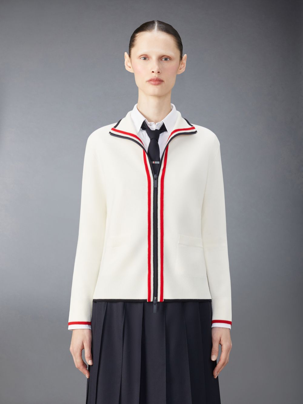 White Women Thom Browne Wool Funnel Neck Full Zip Cardigan | ICG72L70908